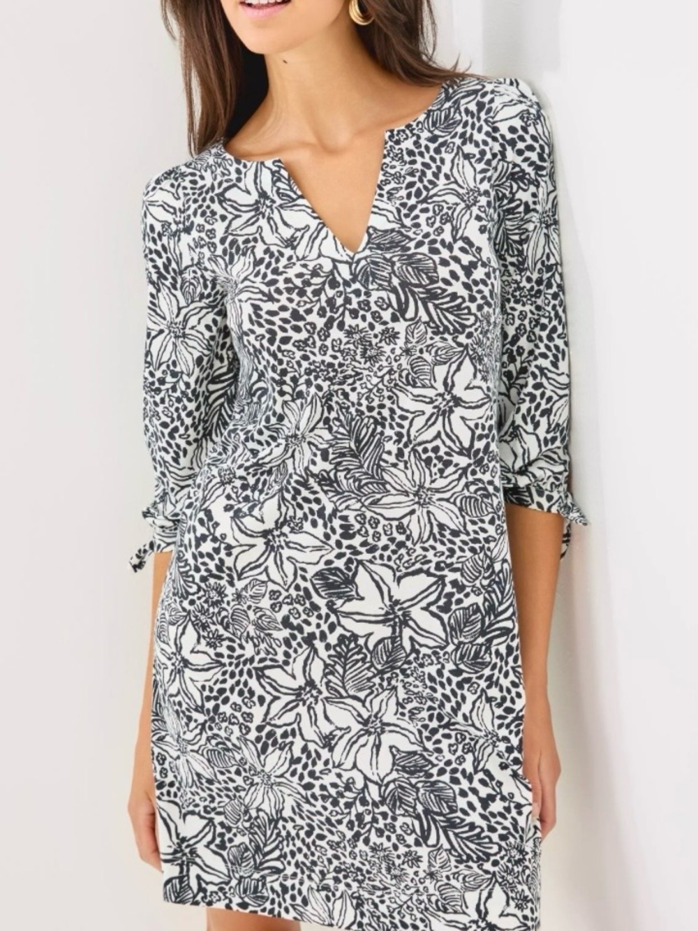 Lilly Pulitzer Cath Dress Onyx Lots to Spot Black White Floral Notch Neck 2X NEW